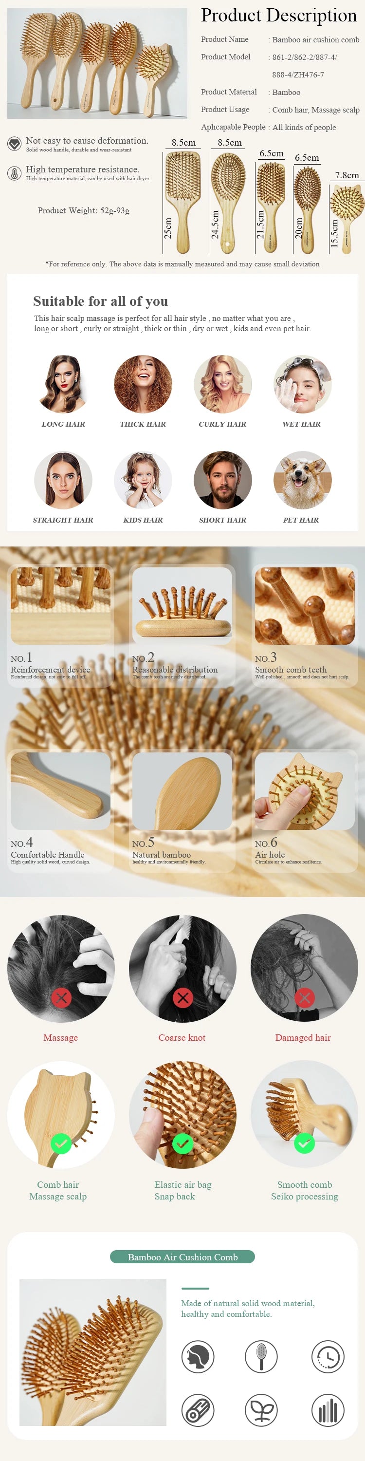 Bamboo Hair Brush - Natural Wooden Anti-Static Comb & Scalp Massager, Air Cushion Design for Detangling (Women/Men)