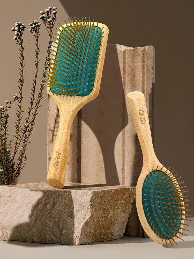 Bamboo Hair Brush - Natural Wooden Anti-Static Comb & Scalp Massager, Air Cushion Design for Detangling (Women/Men)