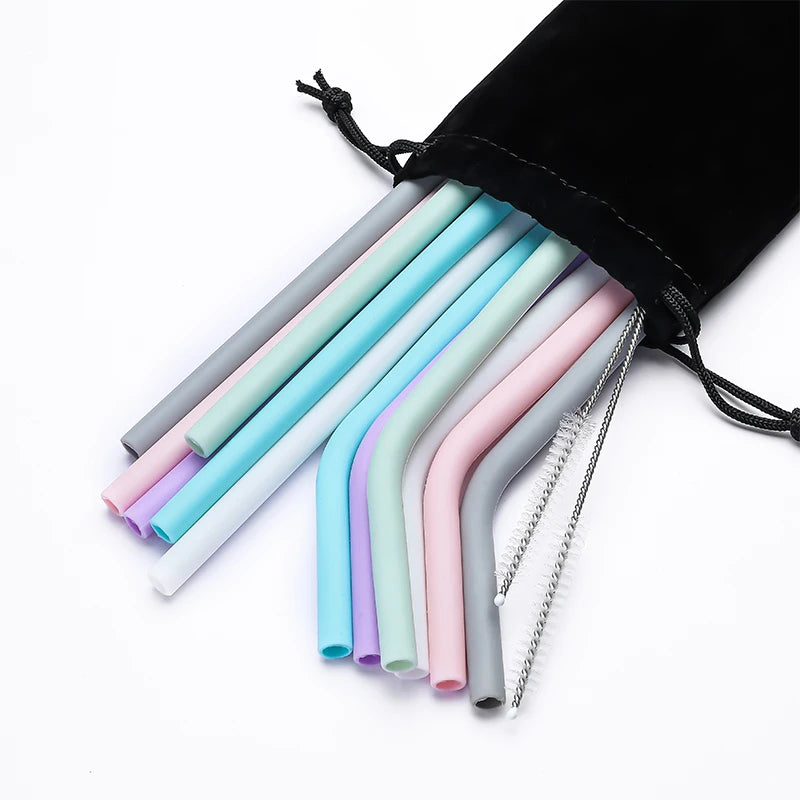 6pcs Reusable Silicone Straws Set with Cleaning Brush