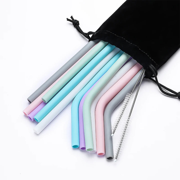 6pcs Reusable Silicone Straws Set with Cleaning Brush