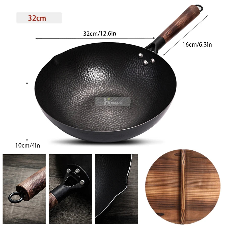 Konco Pure Iron Wok – 32cm Cast Iron Pan for Gas & Induction Cookers