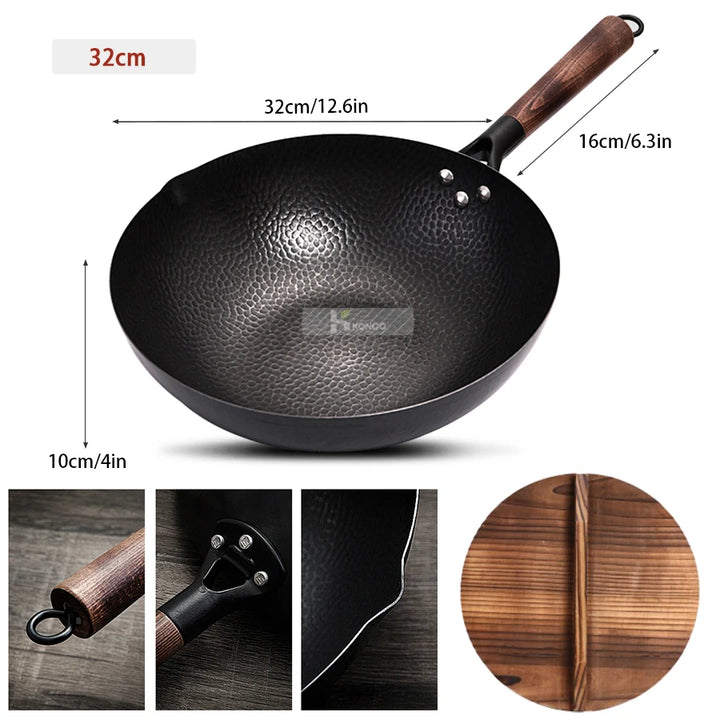 Konco Pure Iron Wok – 32cm Cast Iron Pan for Gas & Induction Cookers