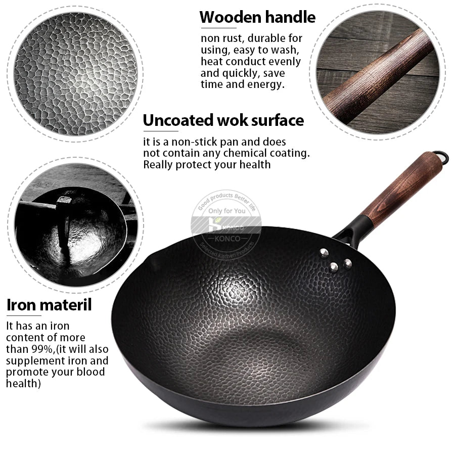 Konco Pure Iron Wok – 32cm Cast Iron Pan for Gas & Induction Cookers