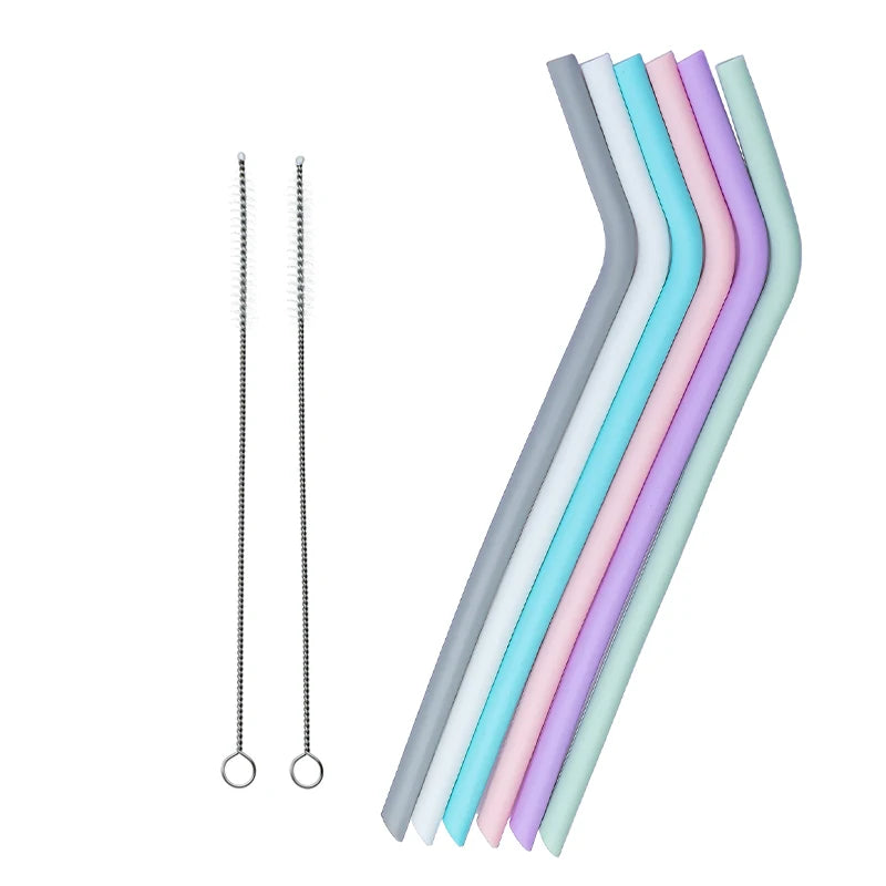 6pcs Reusable Silicone Straws Set with Cleaning Brush