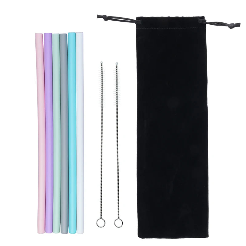 6pcs Reusable Silicone Straws Set with Cleaning Brush