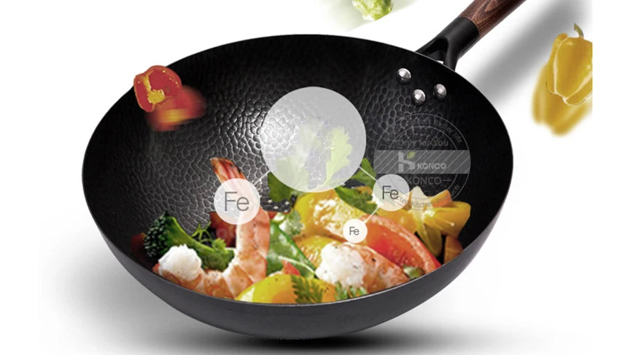 Konco Pure Iron Wok – 32cm Cast Iron Pan for Gas & Induction Cookers