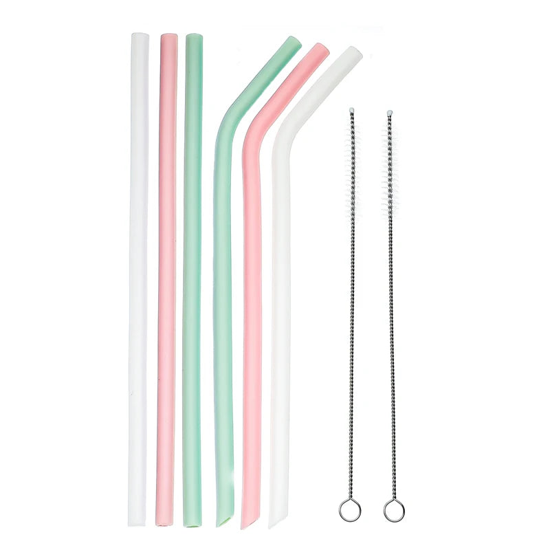 6pcs Reusable Silicone Straws Set with Cleaning Brush