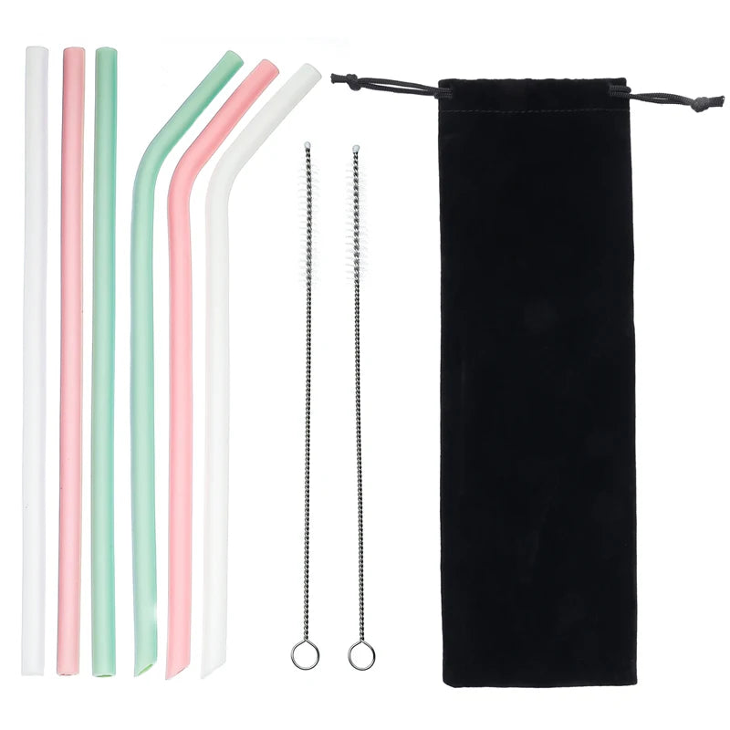 6pcs Reusable Silicone Straws Set with Cleaning Brush