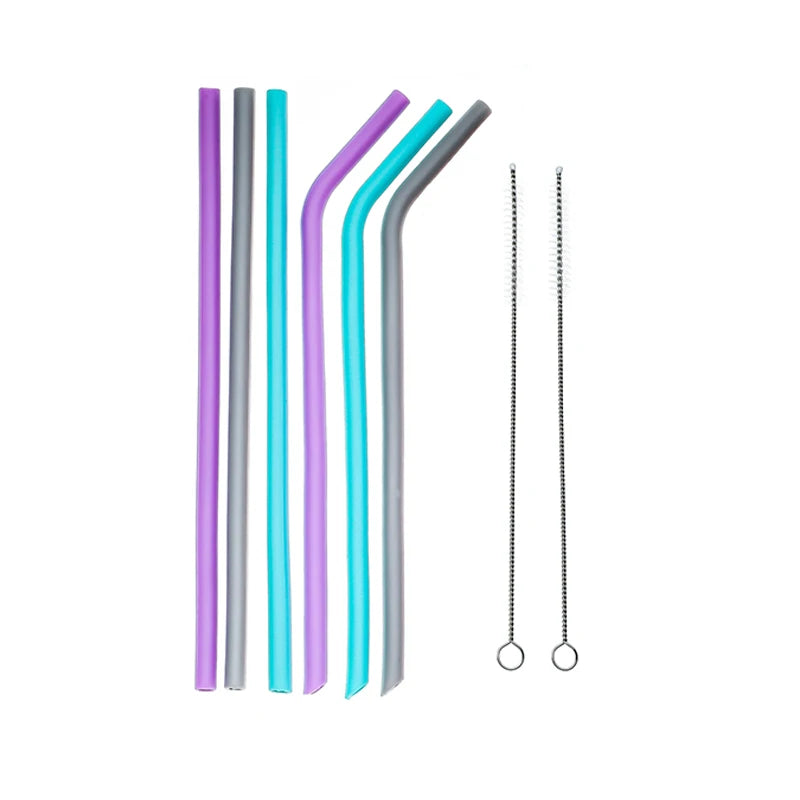 6pcs Reusable Silicone Straws Set with Cleaning Brush