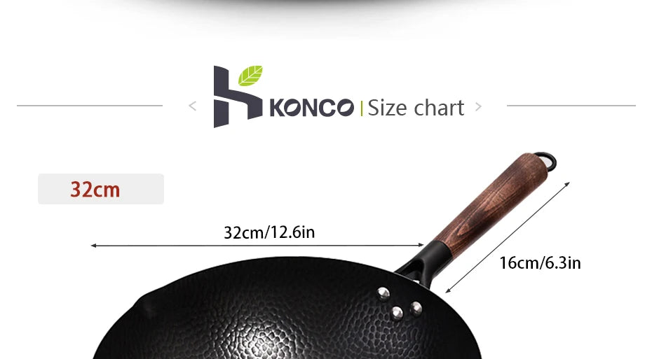 Konco Pure Iron Wok – 32cm Cast Iron Pan for Gas & Induction Cookers