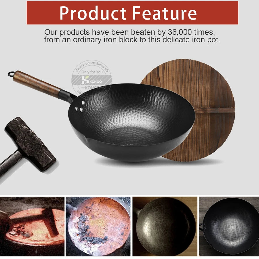 Konco Pure Iron Wok – 32cm Cast Iron Pan for Gas & Induction Cookers
