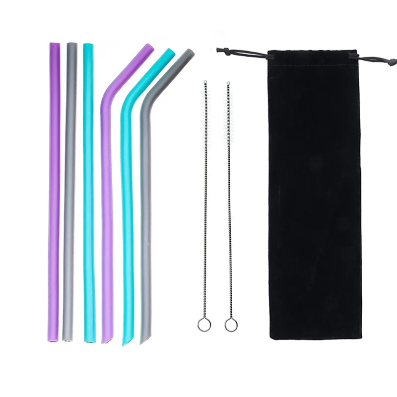 6pcs Reusable Silicone Straws Set with Cleaning Brush