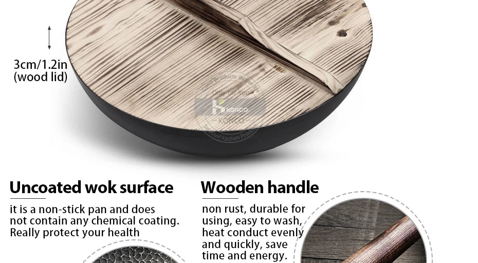 Konco Pure Iron Wok – 32cm Cast Iron Pan for Gas & Induction Cookers