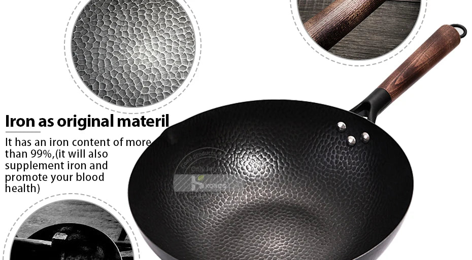 Konco Pure Iron Wok – 32cm Cast Iron Pan for Gas & Induction Cookers
