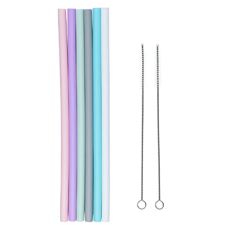 6pcs Reusable Silicone Straws Set with Cleaning Brush
