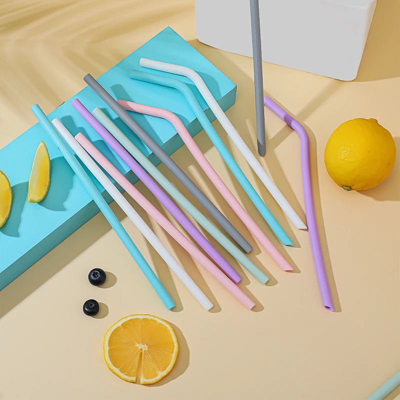 6pcs Reusable Silicone Straws Set with Cleaning Brush