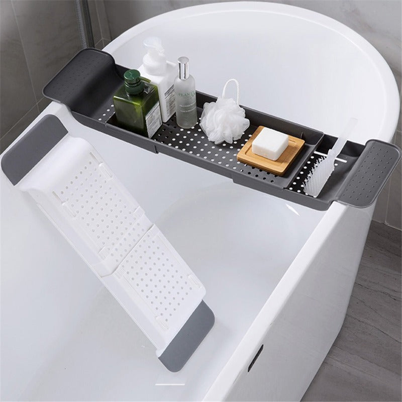 Extendable Bamboo Bathtub Tray – Bath Caddy Rack with Book, Towel & Accessory Holder
