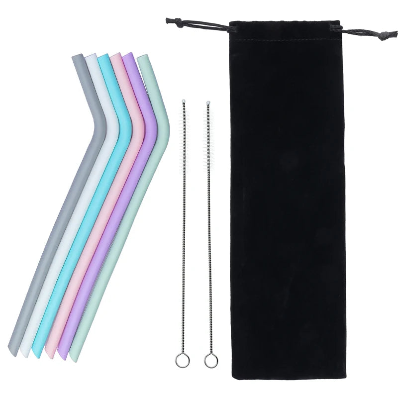 6pcs Reusable Silicone Straws Set with Cleaning Brush