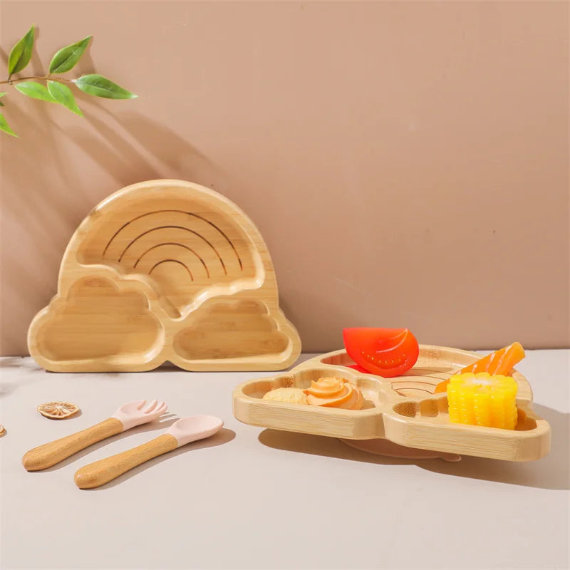 Baby Wooden Tableware Set - Bamboo Plate, Bowl, Fork & Spoon