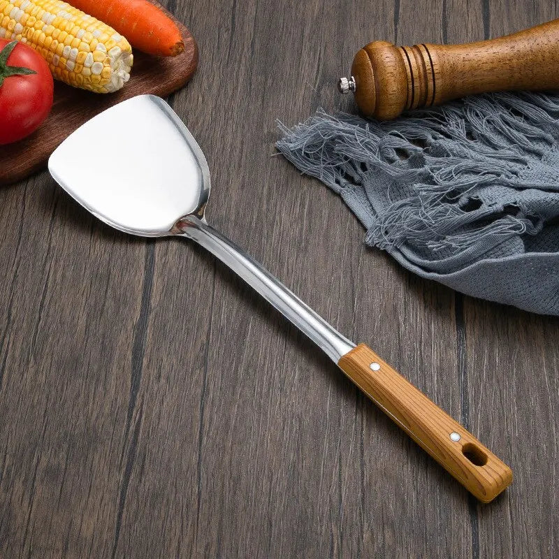 Stainless Steel Imitation Wood Grain Handle Spatula – Leaky Shovel Spoon, Set of 5 Kitchen Tools for Cooking