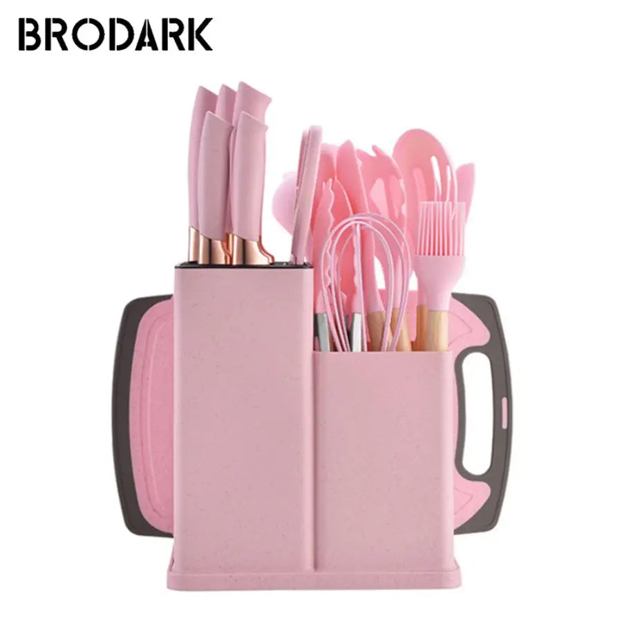 19PCS Food Grade Silicone Kitchenware Set – Cooking Spoons, Shovel, Cutting Board, Knives & More
