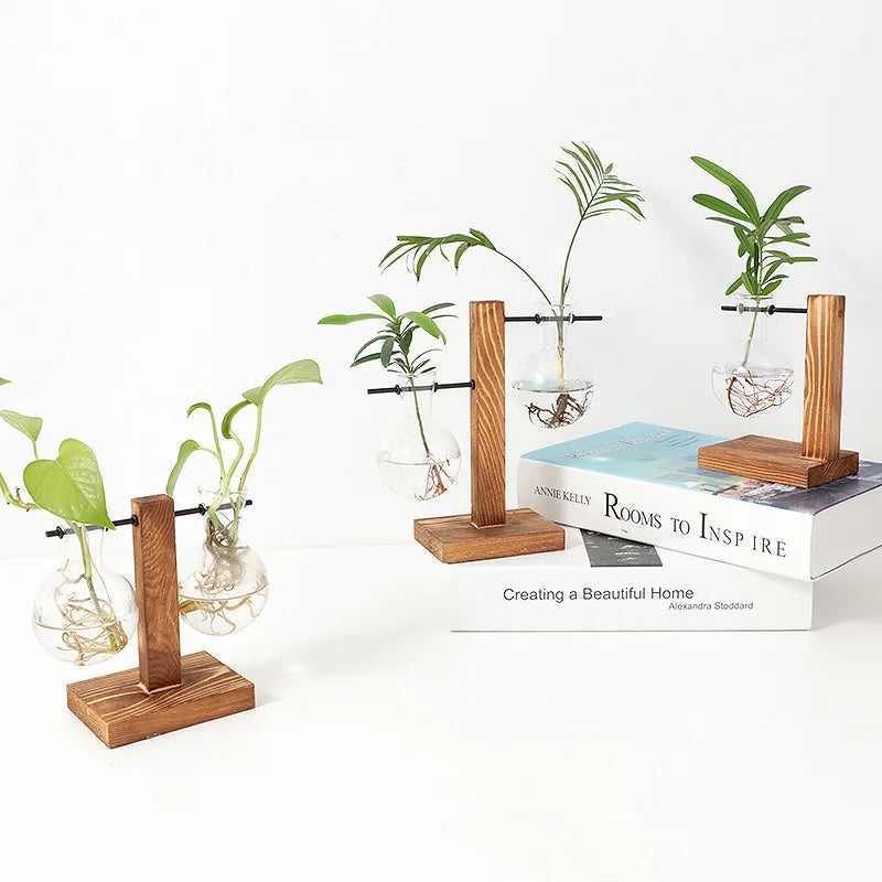 Wooden Frame Hydroponic Glass Vase – Desk Plant Decor