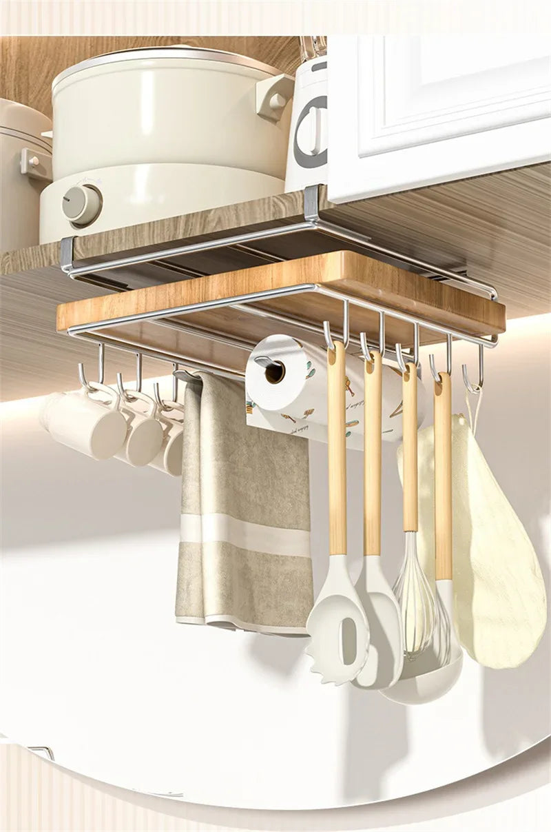 Stainless Steel Kitchen Hanging Organizer Rack – Hooks, Towel Bar, Pot Lid & Cutting Board Storage