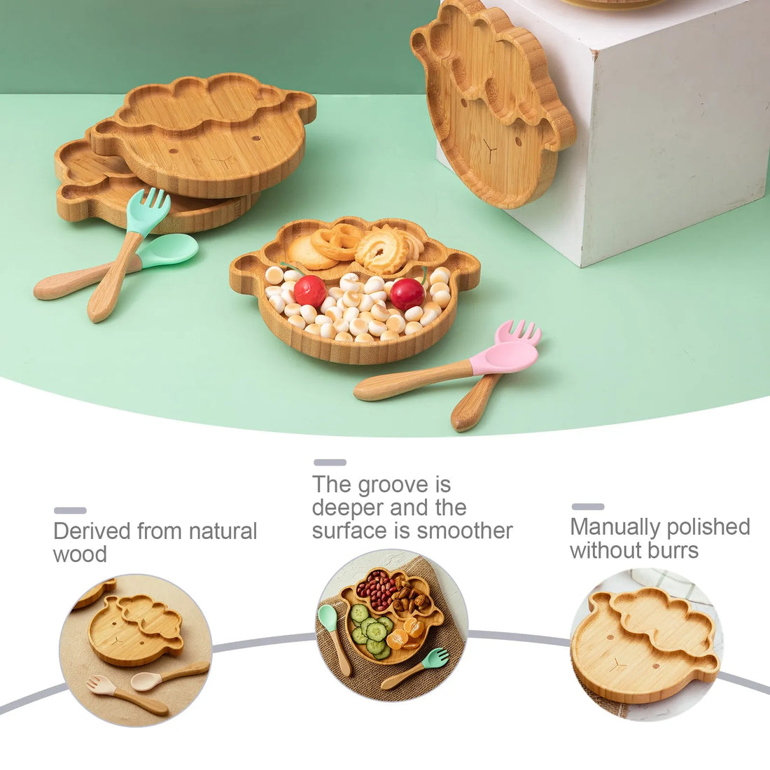 Baby Wooden Tableware Set - Bamboo Plate, Bowl, Fork & Spoon