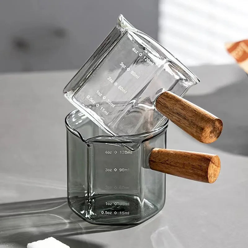 120ml Glass Espresso Measuring Cup – Hexagon Milk Jug with Wood Handle for Coffee, Sauce, and Serving