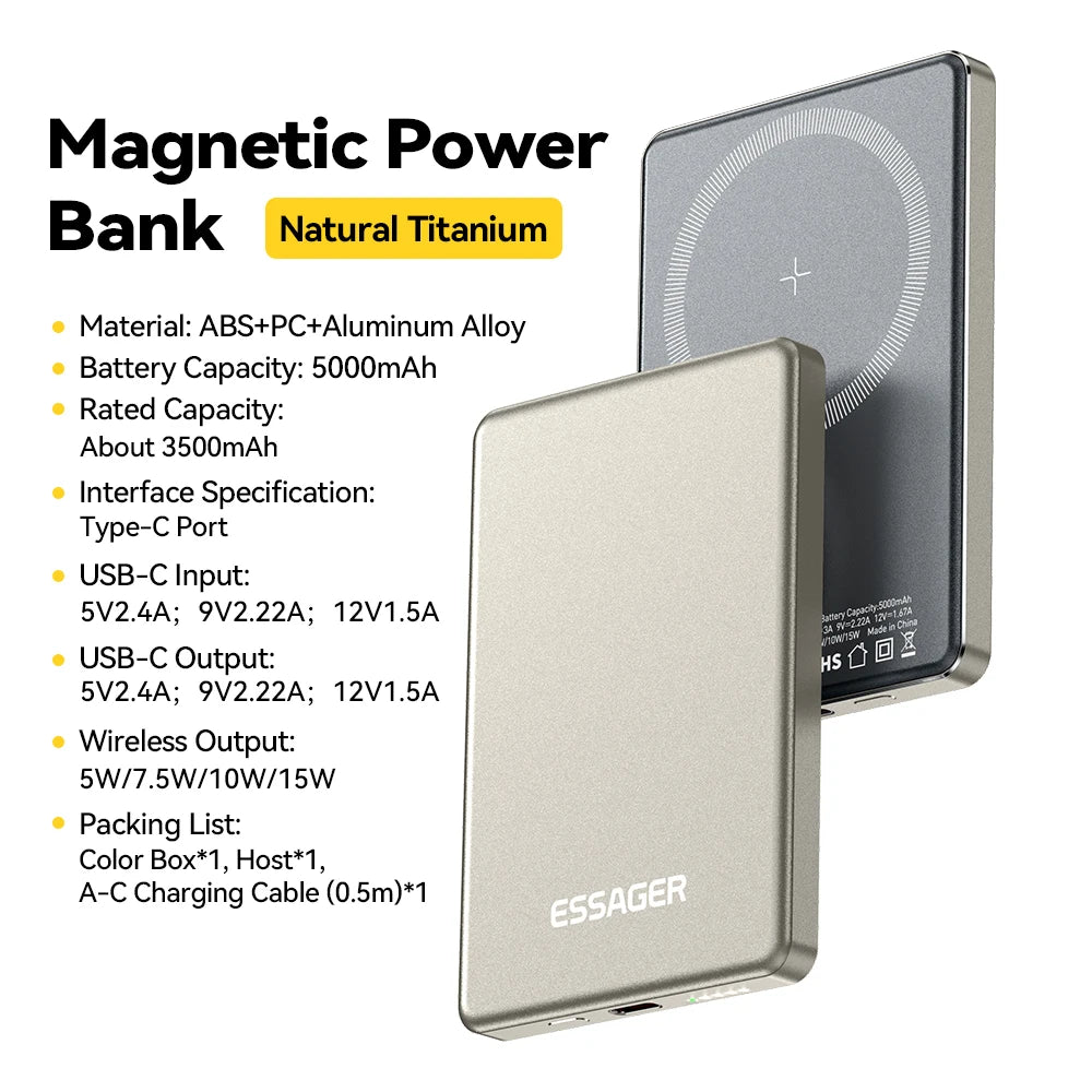 Essager 5000mAh Magnetic Wireless Power Bank – 20W Fast Charging for iPhone 16/15/14/13 (MagSafe Compatible)