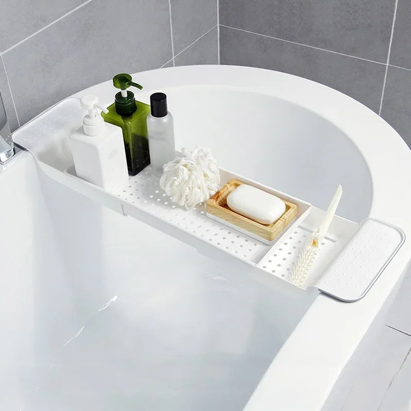 Extendable Bamboo Bathtub Tray – Bath Caddy Rack with Book, Towel & Accessory Holder