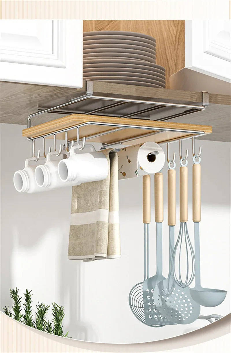 Stainless Steel Kitchen Hanging Organizer Rack – Hooks, Towel Bar, Pot Lid & Cutting Board Storage