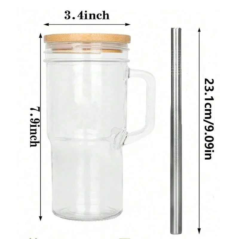 750ML Glass Cup with Wooden Lid and Straw – Bubble Tea, Cold Drinks, Coffee, Juice, Milk, and More