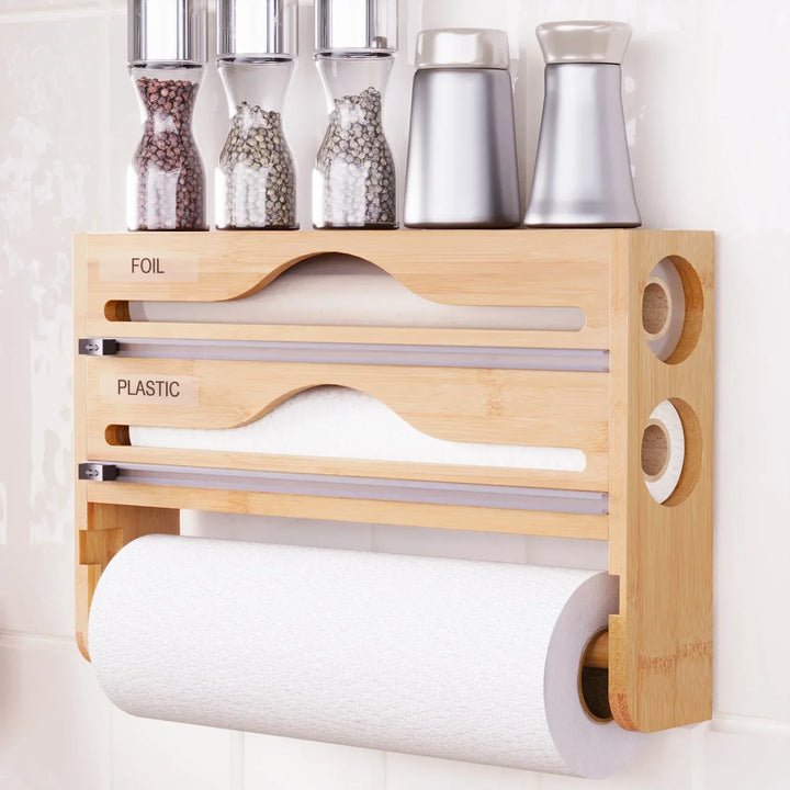 Bamboo Compartment Cling Film and Tin Foil Cutter Box – Wall-Mounted Paper Towel and Kitchen Organizer