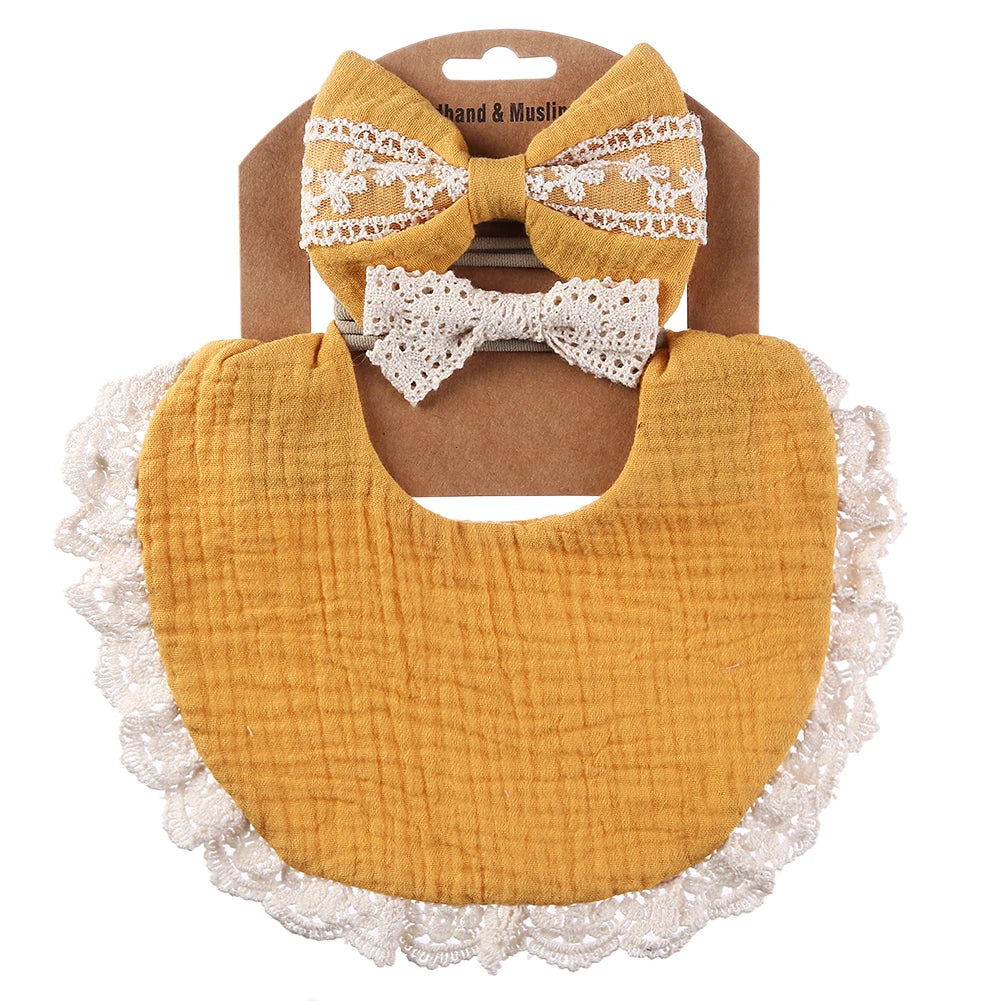 3-Piece Muslin Cotton & Bamboo Baby Bib Set with Tassel Lace