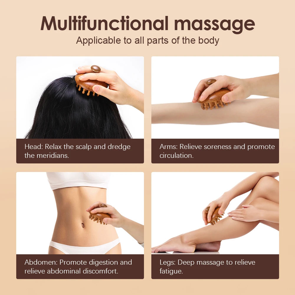 Multi-Functional Wood Therapy Massage Comb – Sandalwood Scalp, Head Massager & Body Guasha Scraping Tool