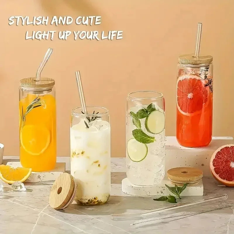 4/6-Piece Glass Cup Set – 17.8oz/550ml with Bamboo Lid and Straw – Mason Jar Water Cup