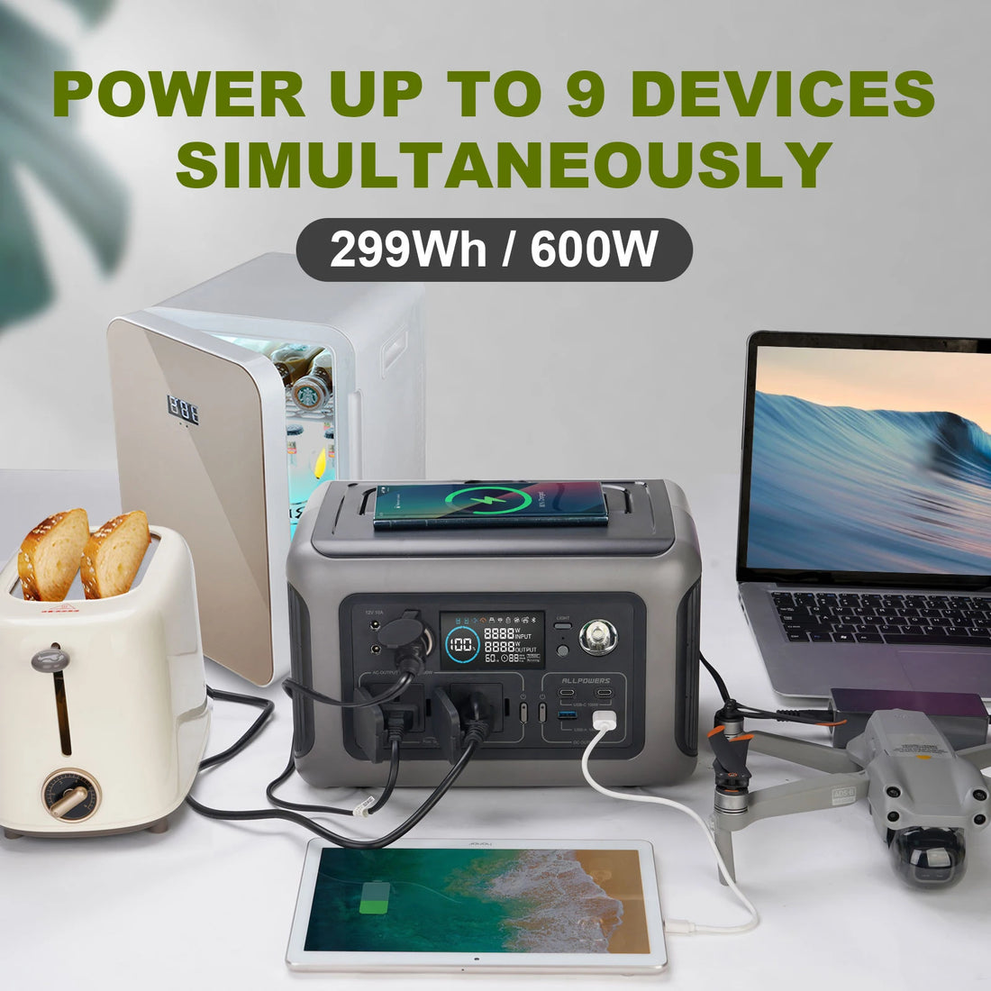 ALLPOWERS R600 Portable Power Station – 299Wh LiFePO₄, 2×600W AC Outlets (1200W Surge)