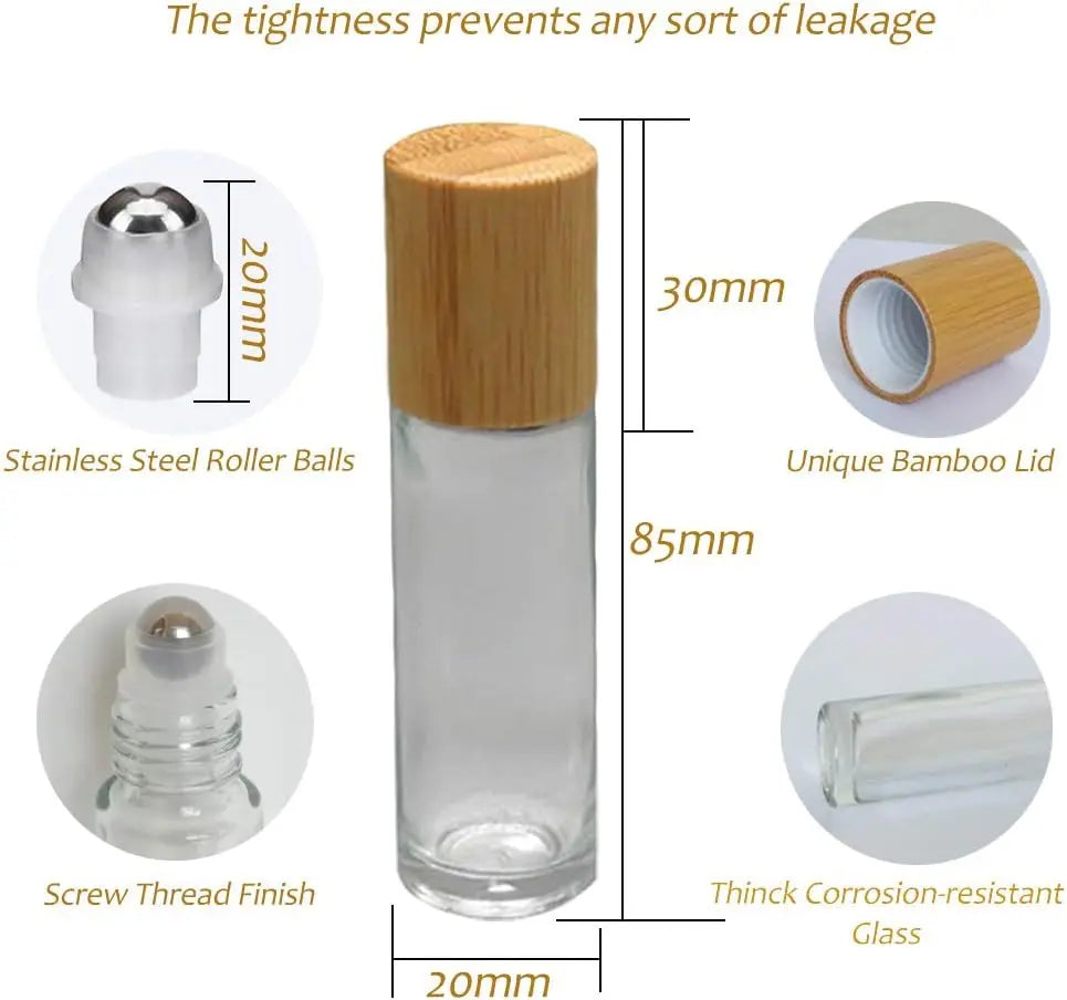 12pcs 10ml Glass Roll-On Bottles – Refillable Essential Oil & Perfume Bottles with Bamboo Lids