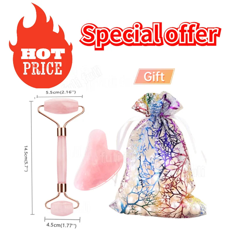 Rose Quartz Powder Crystal Jade Roller & Gua Sha Set – Natural Stone Beauty Tool for Facial Lift