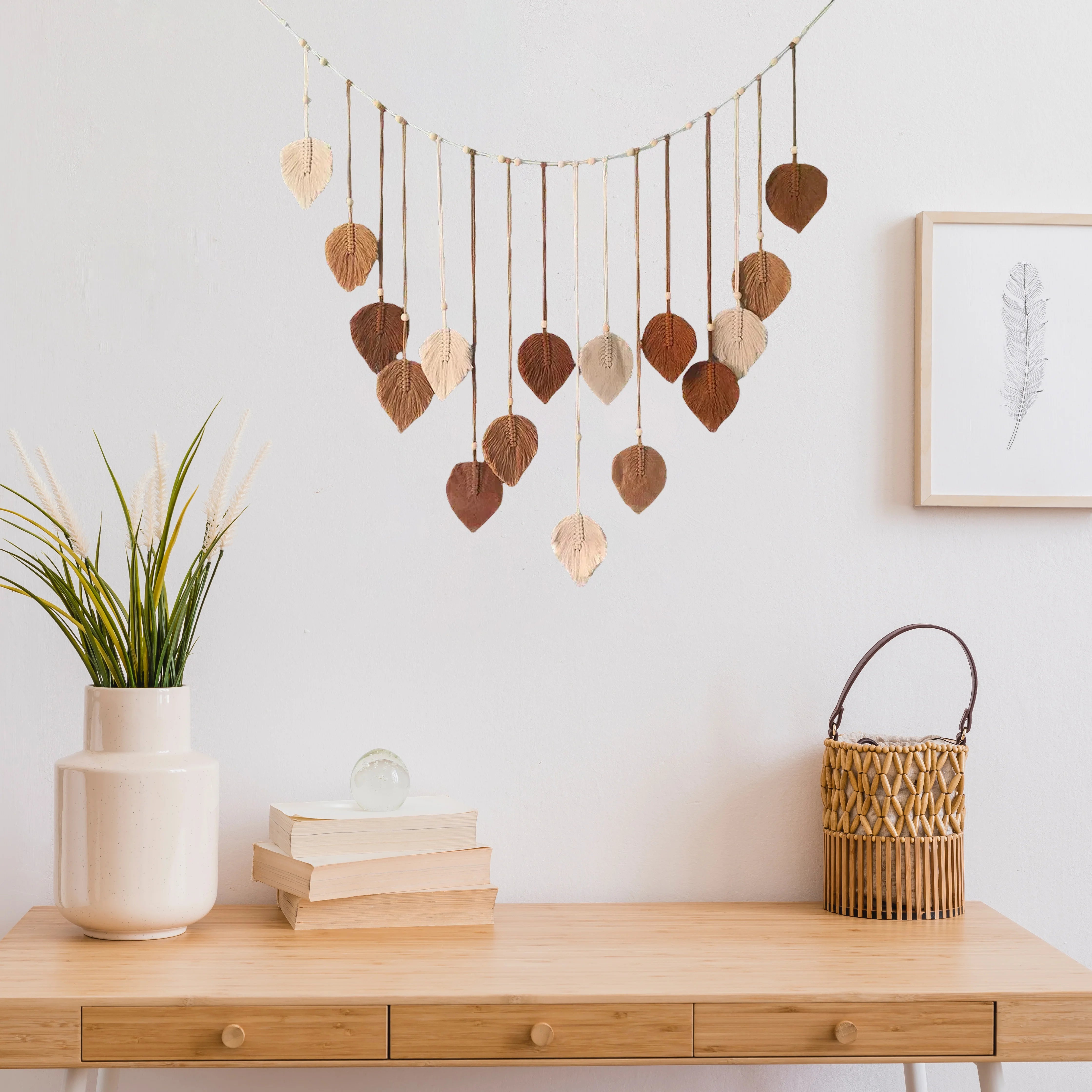 Boho Macramé Leaf Wall Hanging – Feather Tapestry Décor for Living Room or Bedroom
