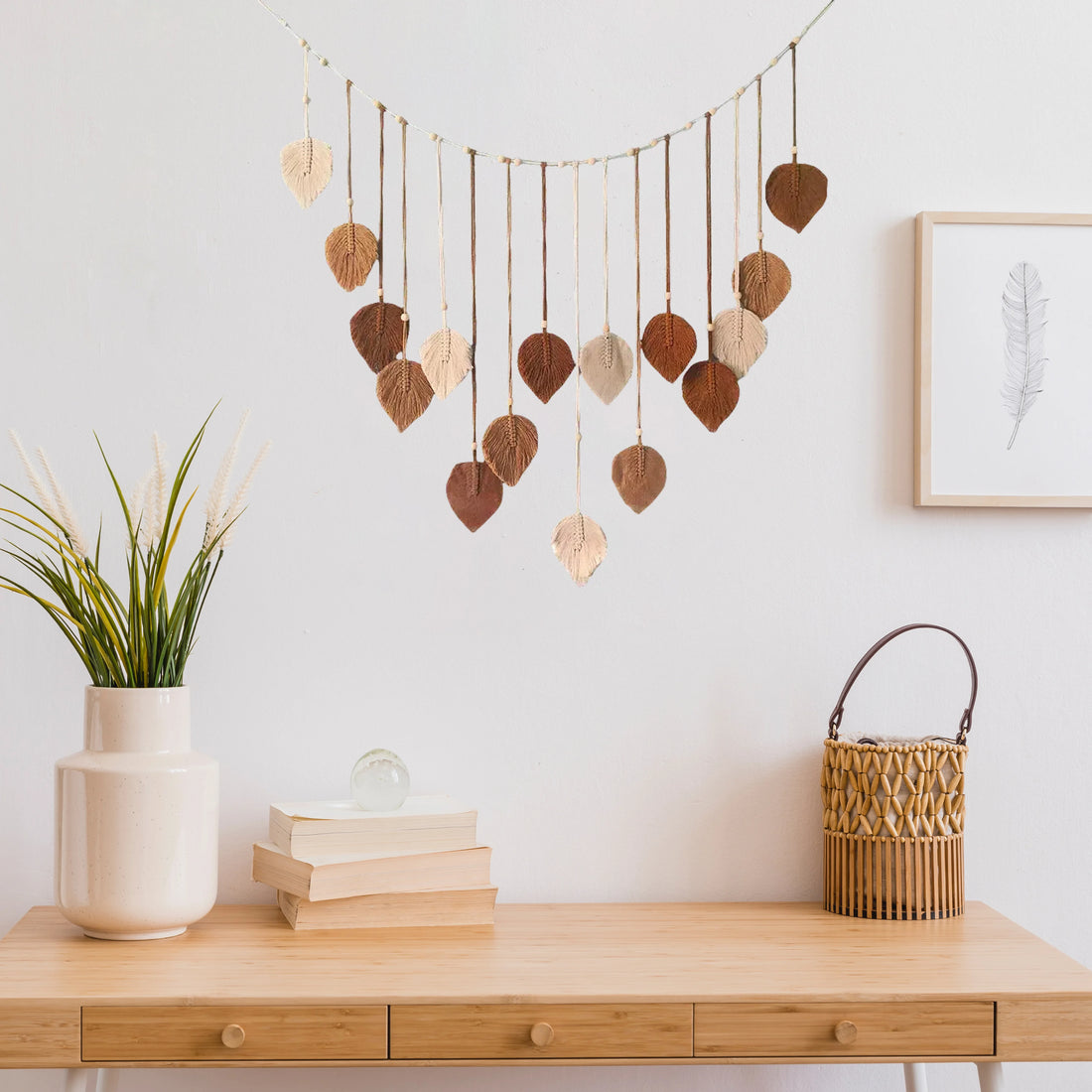 Boho Macramé Leaf Wall Hanging – Feather Tapestry Décor for Living Room or Bedroom