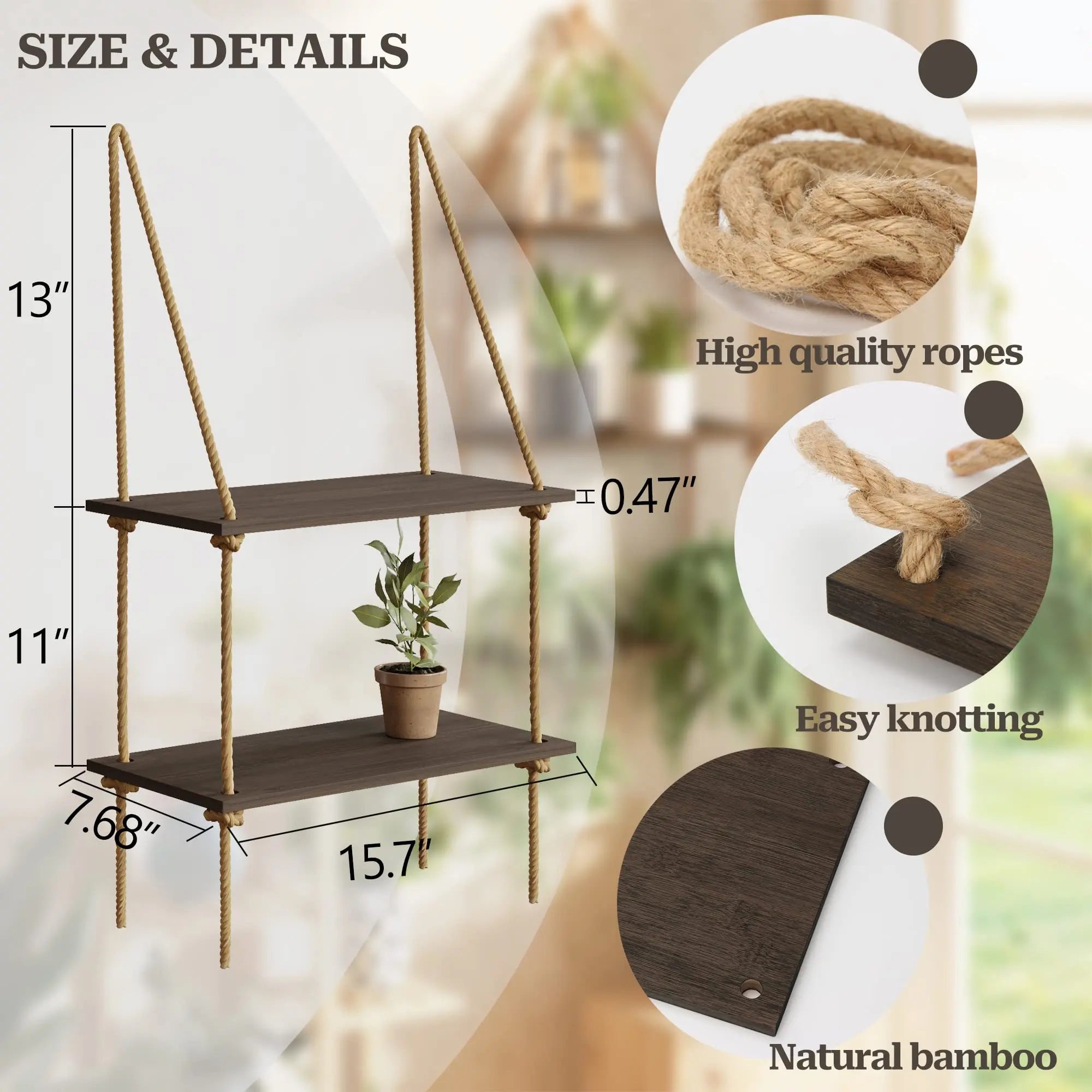 Boho Black Hanging Wall Shelves with Macrame Hanger