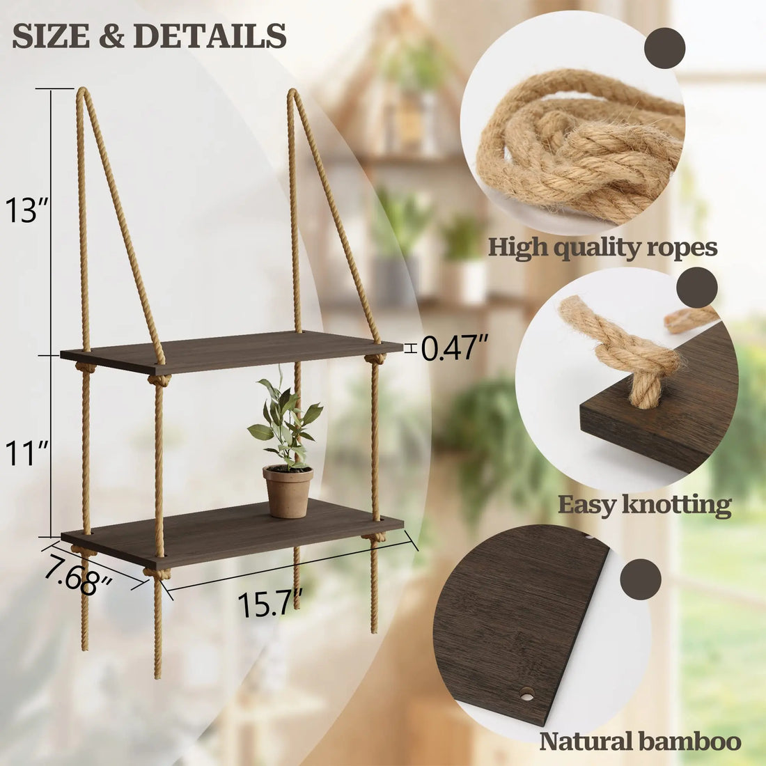 Boho Black Hanging Wall Shelves with Macrame Hanger