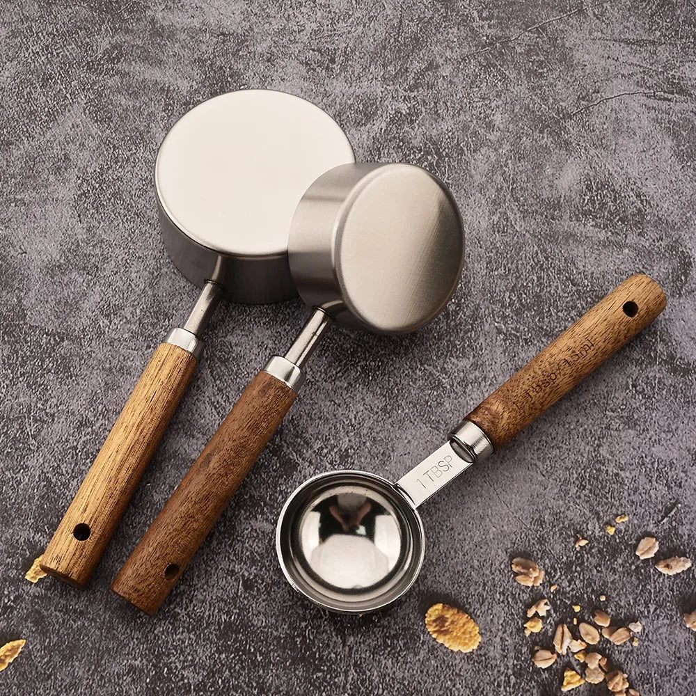 1/4/8PCS Measuring Cup Spoon Set – Stainless Steel with Wooden Handle, Coffee, Flour, Bartending & Kitchen Cooking Gadget