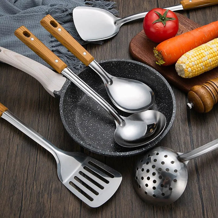 Stainless Steel Imitation Wood Grain Handle Spatula – Leaky Shovel Spoon, Set of 5 Kitchen Tools for Cooking