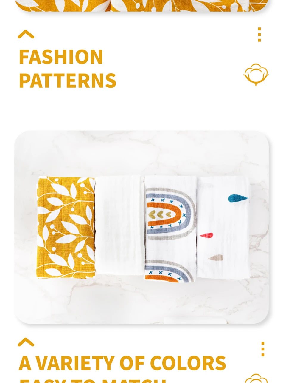 5PCS Gift Set Bamboo Cotton Muslin Bib & Burp Cloth – 60x60cm, 2 Layers Baby Scarf Handkerchief