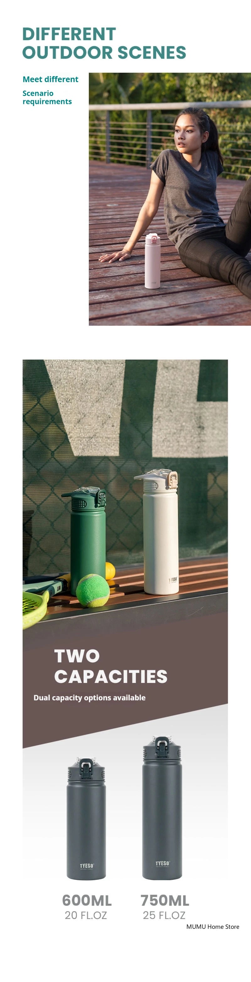TYESO Stainless Steel Vacuum Bottle – 600/750ml