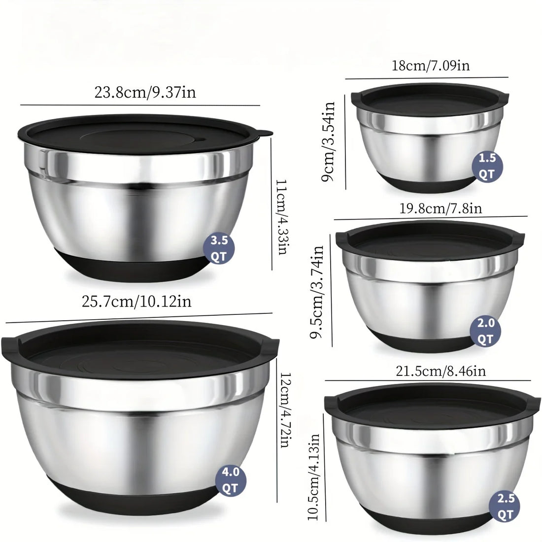 8pcs Stainless Steel Mixing Bowls with Airtight Lids – Set of Black Kitchen Bowls