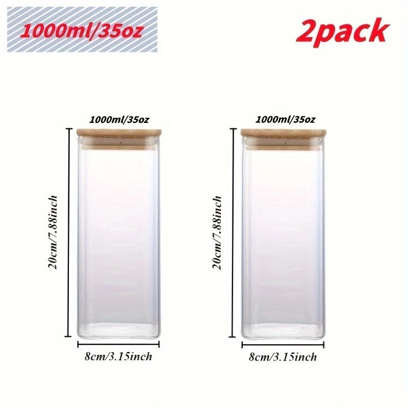 2/4 Pieces, 540ML/1000ML Glass Food Storage Jar with Bamboo Lid – Square Sealed Kitchen Container Set